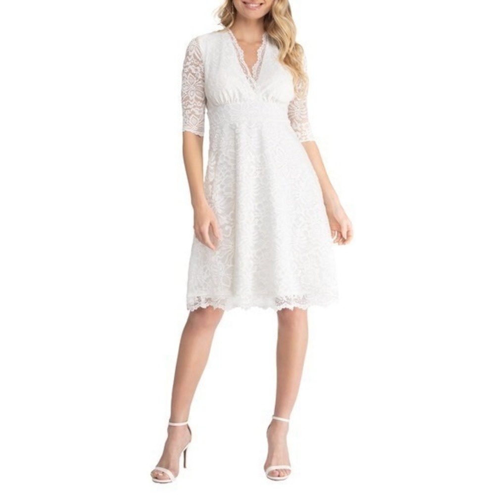 Kiyonna White Lace Mademoiselle Cocktail Dress V-Neck 3/4 Sleeve Size Small